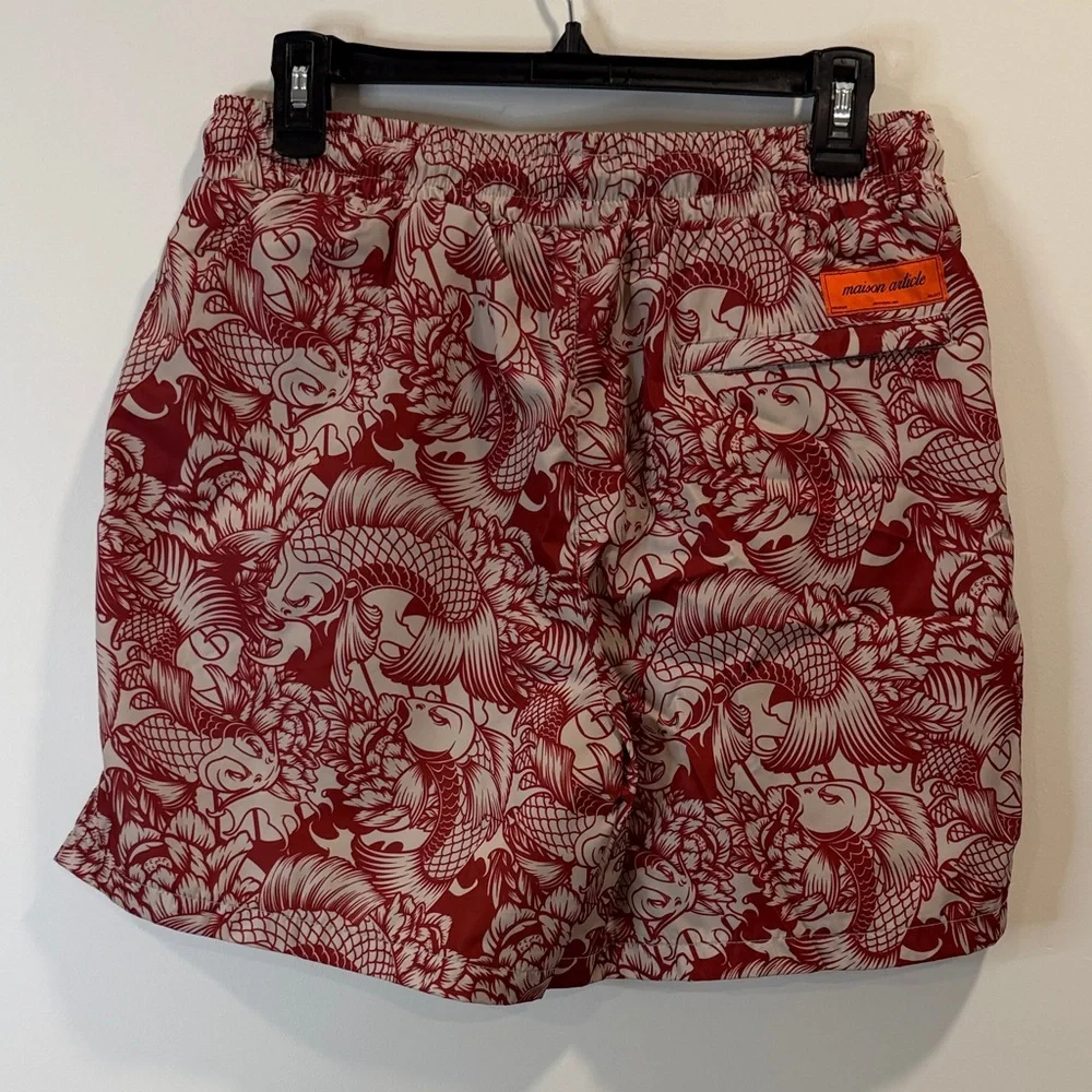 Red Koi-Print Flat Front Men's Shorts with Drawstring - Picture 3 of 5